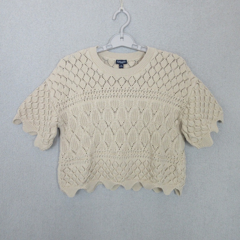 Splendid Sweater Women Large Cream Cotton Pointelle Short Sleeve Scalloped Top
